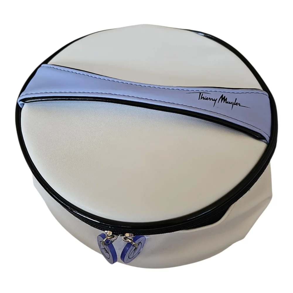 Vintage Thierry Mugler White Round Cosmetic Case Bag with Black Trim & Lilac